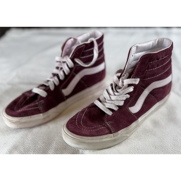 Vans Sk8-Hi Shoes Mens Size 8 Burgundy White Suede High Top HEIQ Eco‎ Dry Skate - Picture 1 of 11